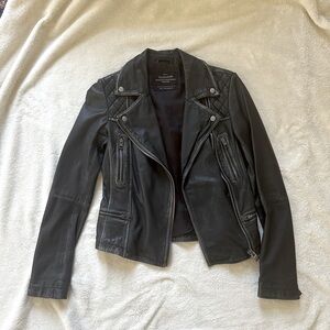 All Saints Cargo Distressed Leather Jacket Biker Style Sz 0 Black/Grey